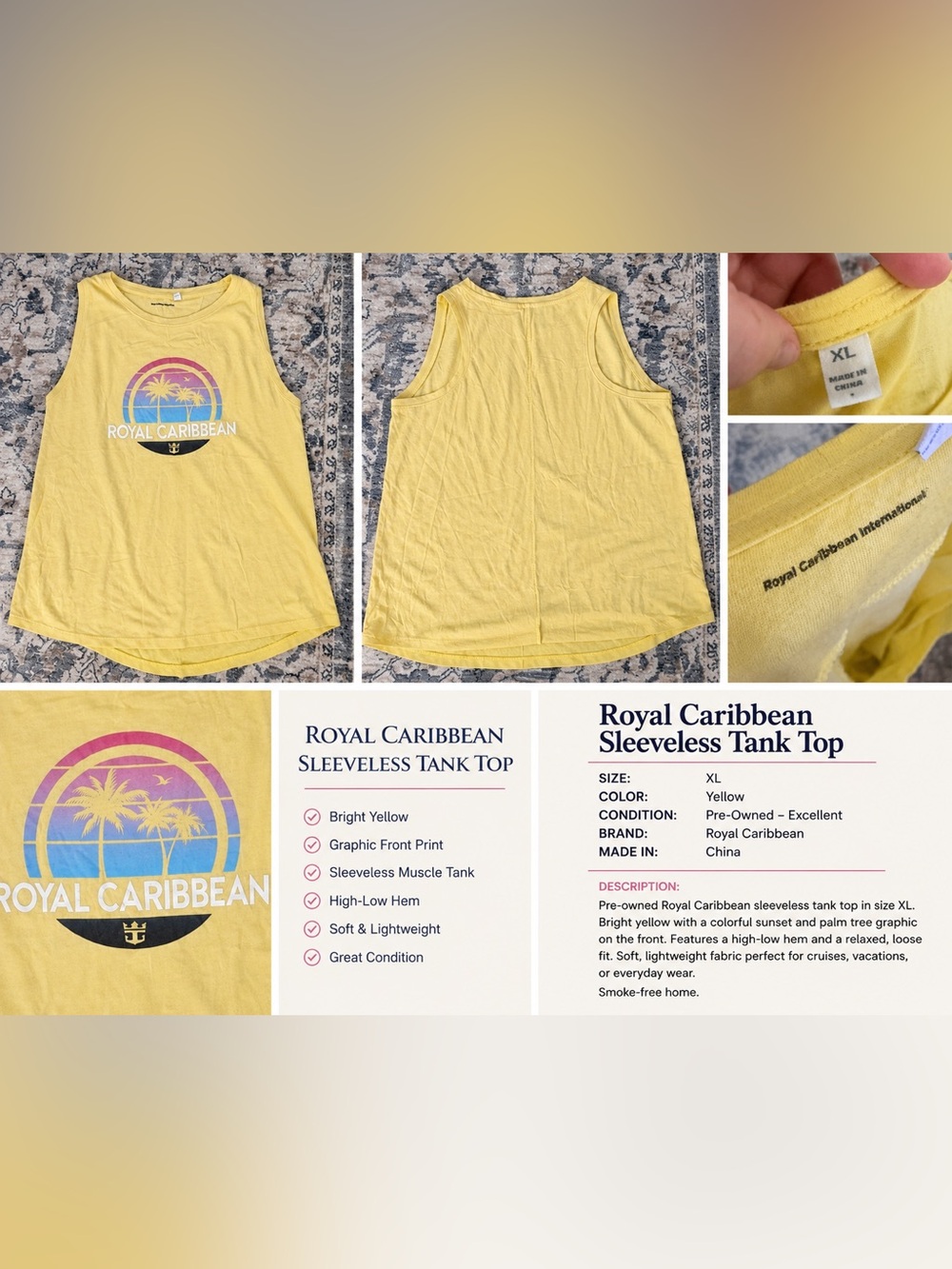 Royal Caribbean Yellow Graphic Tank Top XL Cruise Vacation Sleeveless